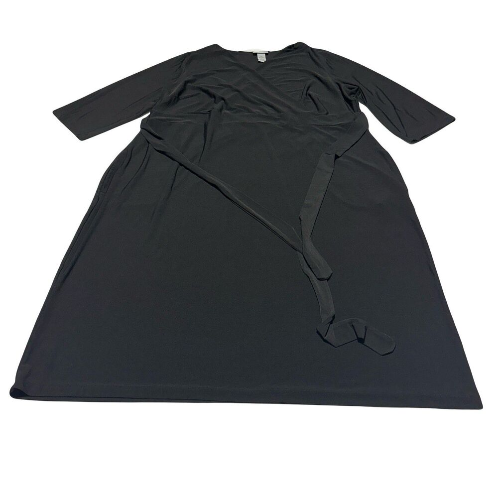 Catherines Dress Size 2X 22 / 24W Black Faux Wrap Stretch 3/4 Sleeve Tie Waist